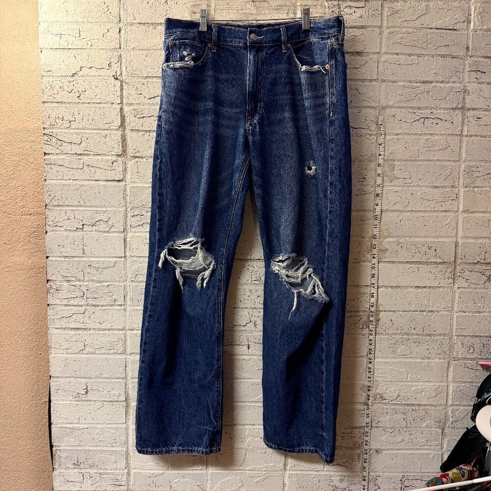 American Eagle Outfitters Distressed Straight Leg Dark Blue Jeans